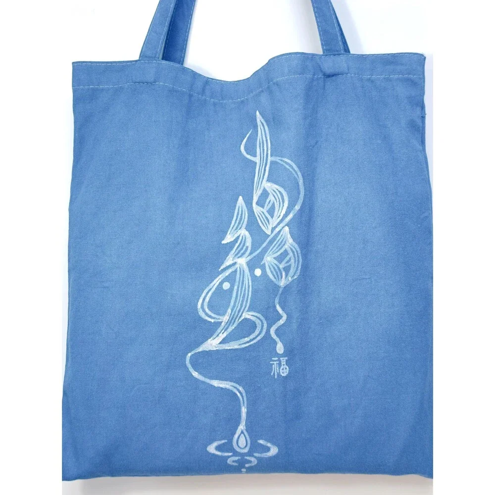 Nüshu Blessing Batik Tote Bag, Natural Indigo Hand Dyed Cotton Bag Chinese Folk